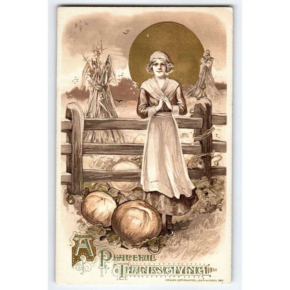John Winsch 1911 Vintage Samuel Schmucker Thanksgiving Postcard Girl & Pumpkins